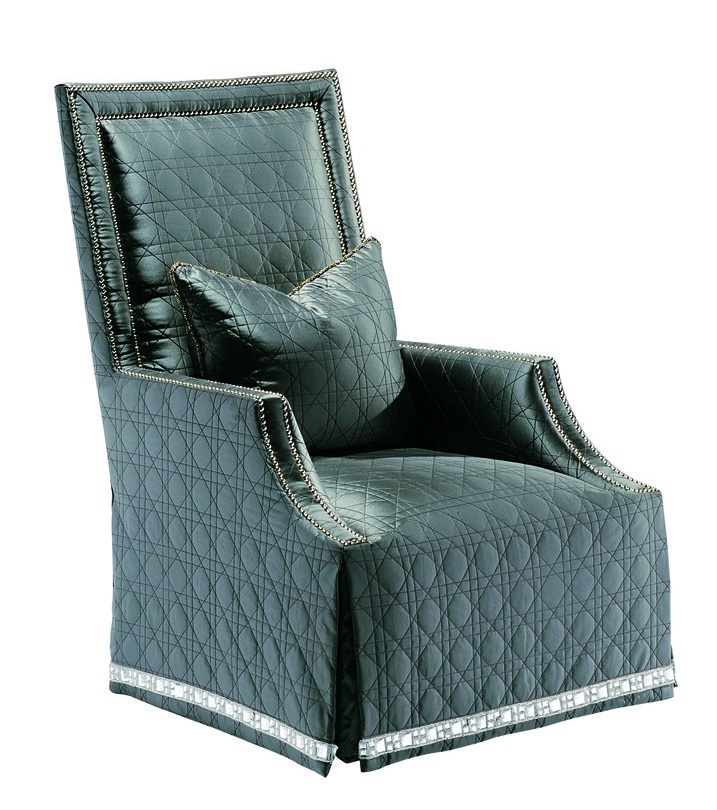 Blair Chair shown with:Tight&nbsp;seatWaterfall skirt with built-in sides and backDecorative tape band on bottom of skirt Silver nailhead frame trim