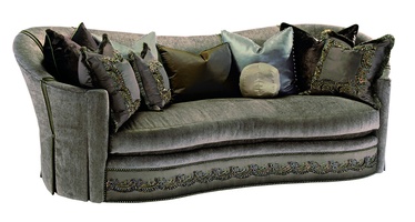 Brigitte&nbsp;Sofa shown with: Boxed bench seatBronze Star nailhead frame trimBuilt-to-the-floor with decorative panel inset, waterfall pleated skirt back with contrast inset panels, and decorative button detail
