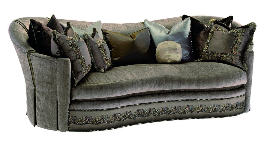 Brigitte&nbsp;Sofa shown with: Boxed bench seatBronze Star nailhead frame trimBuilt-to-the-floor with decorative panel inset, waterfall pleated skirt back with contrast inset panels, and decorative button detail
