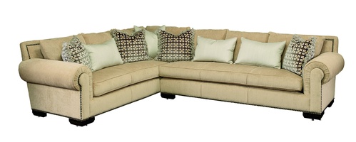 Bentley Sectional shown with:BY53L and BY73LBoxed bench seatRoll ArmBuilt-to-the-floor base with Wood LegsOld World Briar finishAntique Brass&nbsp;nailhead frame trim