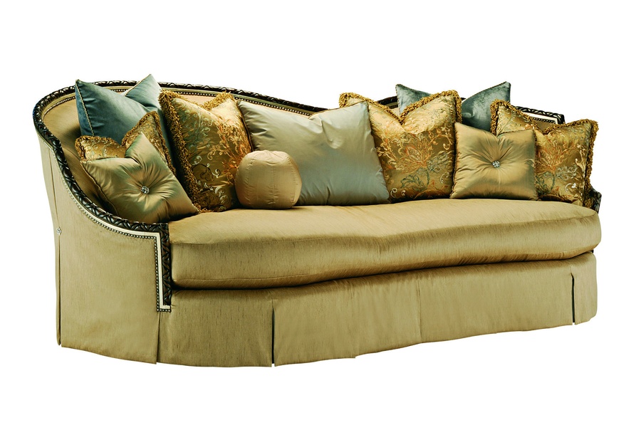 Camila&nbsp;Sofa shown with: Boxed bench seatWaterfall&nbsp;skirt with box pleated front, built-in sides and back with&nbsp;button detailKona finish with Specialty&nbsp;Leaf trimSilver&nbsp;Star nailhead frame trim
Available in a selection of finishes and finish trims