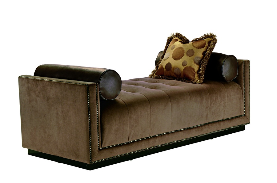 Celine Bench&nbsp;shown with:Tight seat with boxed detailBuilt-to-the-floor with wood plinth base in Sumatra finishBronze Star nailhead frame trim