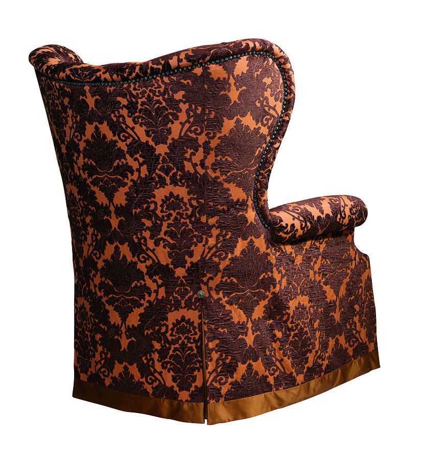 Chandler Chair shown with:Tight&nbsp;seatButton tufted backWaterfall skirt with dressmaker back anddecorative button detailContrast fabric band at bottom of skirtBronze Star&nbsp;nailhead frame trim
