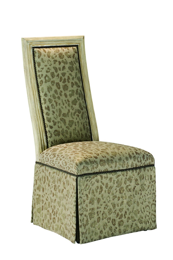 Caldwell&nbsp;Side Chair&nbsp;shown with:Tight seat and backDeep skirt with split back and button detailSignature&nbsp;finish with Aged Silver leaf finish trimMottled&nbsp;nailhead frame trim