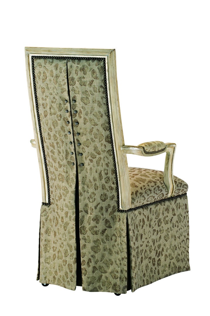 Caldwell Arm&nbsp;Chair&nbsp;shown with:Tight seat and backDeep skirt with split back and button detailSignature&nbsp;finish with Aged Silver leaf finish trimMottled&nbsp;nailhead frame trim