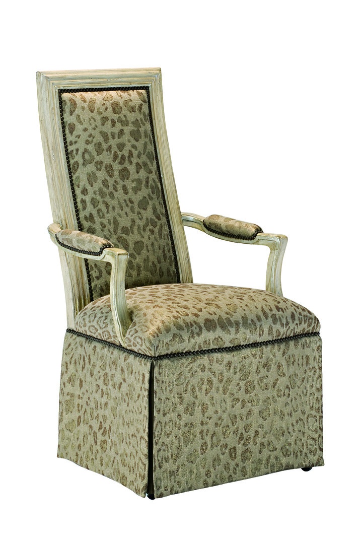 Caldwell Arm&nbsp;Chair&nbsp;shown with:Tight seat and backDeep skirt with split back and button detailSignature&nbsp;finish with Aged Silver leaf finish trimMottled&nbsp;nailhead frame trim