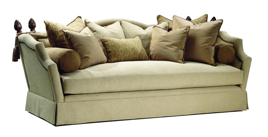 Francesca Sofa shown with: Boxed bench seatDeep skirt&nbsp;Nailhead frame trimDecorative ratchet tasselsDecorative finials in Hazelnut finish