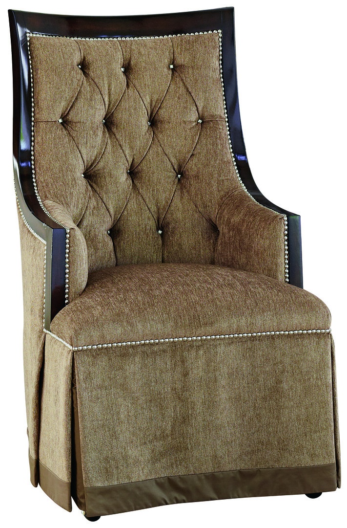 Jolie Arm&nbsp;Chair shown with:Tight seatButton tufted backDeep skirt with split back and button detailContrast 2&frac12;" band at bottom of skirtContemporary Havana&nbsp;finishSilver&nbsp;naihead frame trimCasters