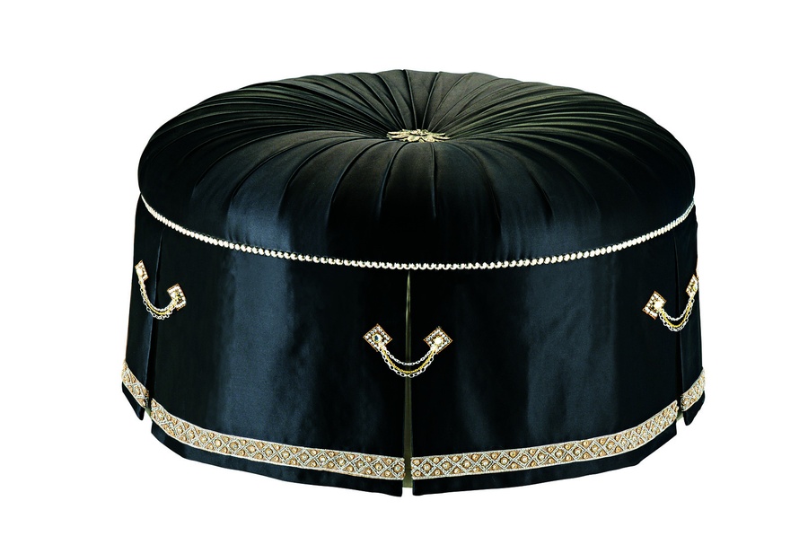 Mia Ottoman&nbsp;shown with:Shirred seat with center button in Antique Nickel finishBox pleated dressmaker skirt with decorative closures and tape trimGlitterati&nbsp;nailhead frame trim