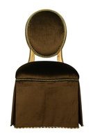 Mirielle Vanity&nbsp;Chair&nbsp;shown with:Tight seat and backDeep skirt with decorative tape along bottom of skirtVenetian Gold finishZanzibar nailhead frame trimAccessory tassel ties