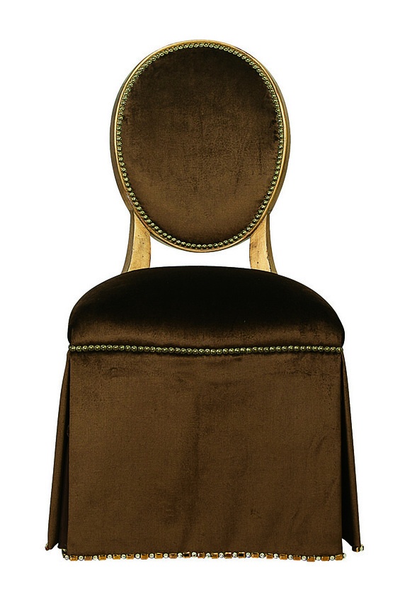 Mirielle Vanity&nbsp;Chair&nbsp;shown with:Tight seat and backDeep skirt with decorative tape along bottom of skirtVenetian Gold finishZanzibar nailhead frame trimAccessory tassel ties
