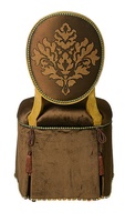 Mirielle Vanity&nbsp;Chair&nbsp;shown with:Tight seat and backDeep skirt with decorative tape along bottom of skirtVenetian Gold finishZanzibar nailhead frame trimAccessory tassel ties