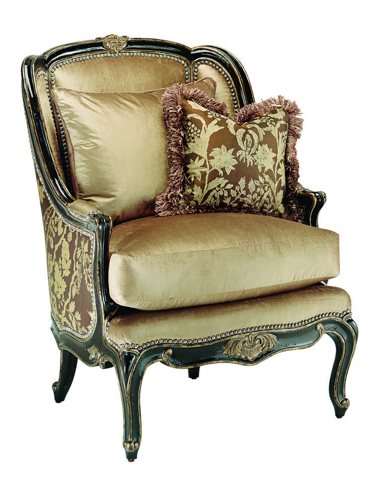 Marguerite&nbsp;Chair&nbsp;shown with:Boxed seat cushionBriar&nbsp;finishAged&nbsp;Silver Leaf finish trimAntique Brass&nbsp;nailhead frame trim