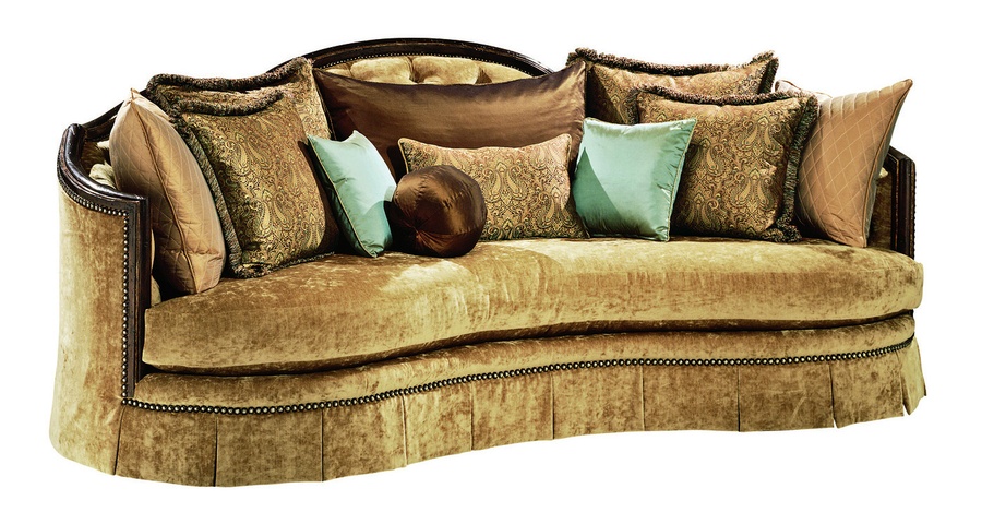 Natalia Sofa shown with: Boxed bench seatButton tufted back Deep box pleated skirt with built-in sides and backExposed carved hardwood frame in choice of select finishesBronze Star nailhead frame trim