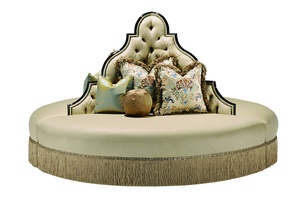 Oasis Round&nbsp;Sofa shown with:Tight seatButton tufted backBullionDecorative&nbsp;tape band over bullionSumatra finish with Specailty&nbsp;Leaf finish trim Silver Star nailhead frame trim
Available in a selection of finishes and finish trims