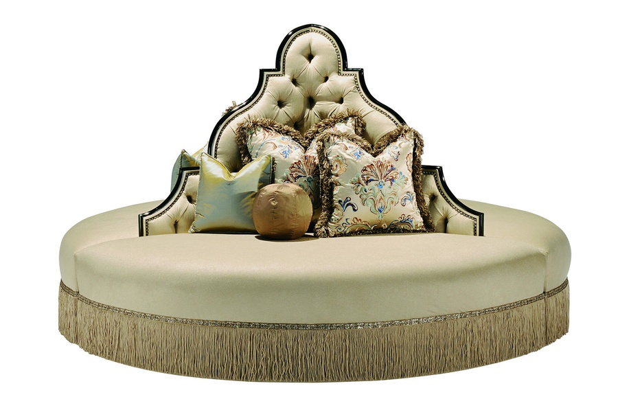 Oasis Round&nbsp;Sofa shown with:Tight seatButton tufted backBullionDecorative&nbsp;tape band over bullionSumatra finish with Specailty&nbsp;Leaf finish trim Silver Star nailhead frame trim
Available in a selection of finishes and finish trims
