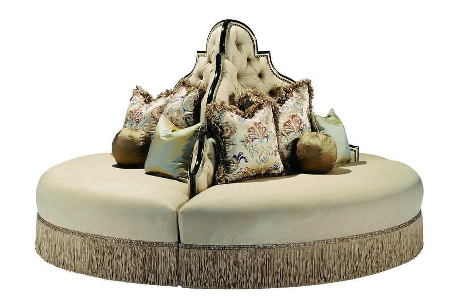 Oasis Round&nbsp;Sofa shown with:Tight seatButton tufted backBullionDecorative&nbsp;tape band over bullionSumatra finish with Specailty&nbsp;Leaf finish trim Silver Star nailhead frame trim
Available in a selection of finishes and finish trims