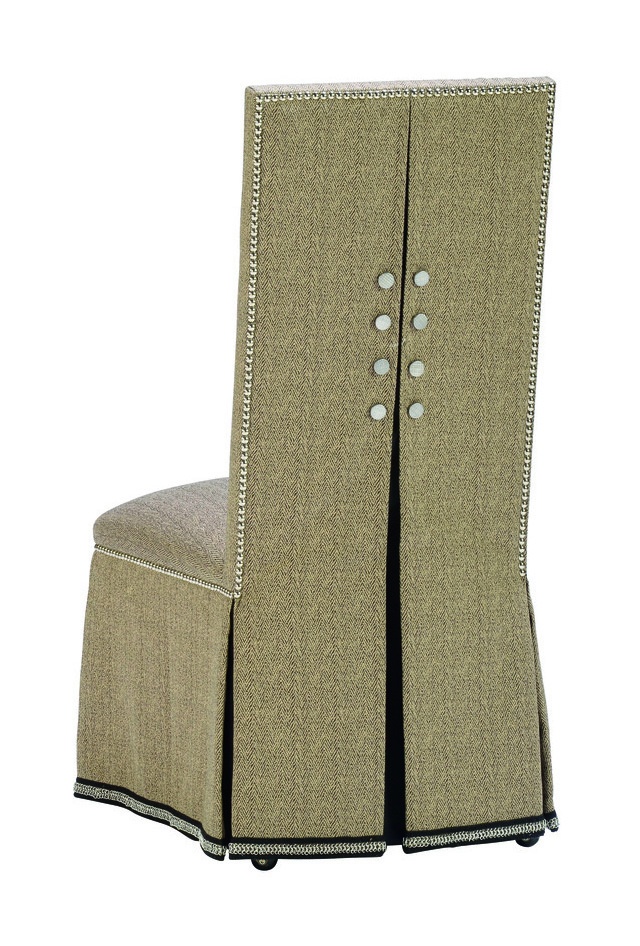 Sinatra&nbsp;Side Chair&nbsp;shown with:Tight seat and backDeep skirt with split back and button detailDecorative tape along bottom of skirtSilver&nbsp;nailhead frame trim