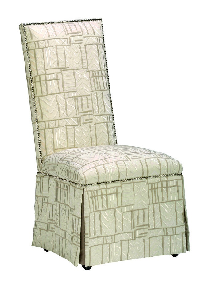 Sinatra&nbsp;Side Chair&nbsp;shown with:Tight seat and backDeep skirt with split back and button detailDecorative tape along bottom of skirtSilver&nbsp;nailhead frame trim