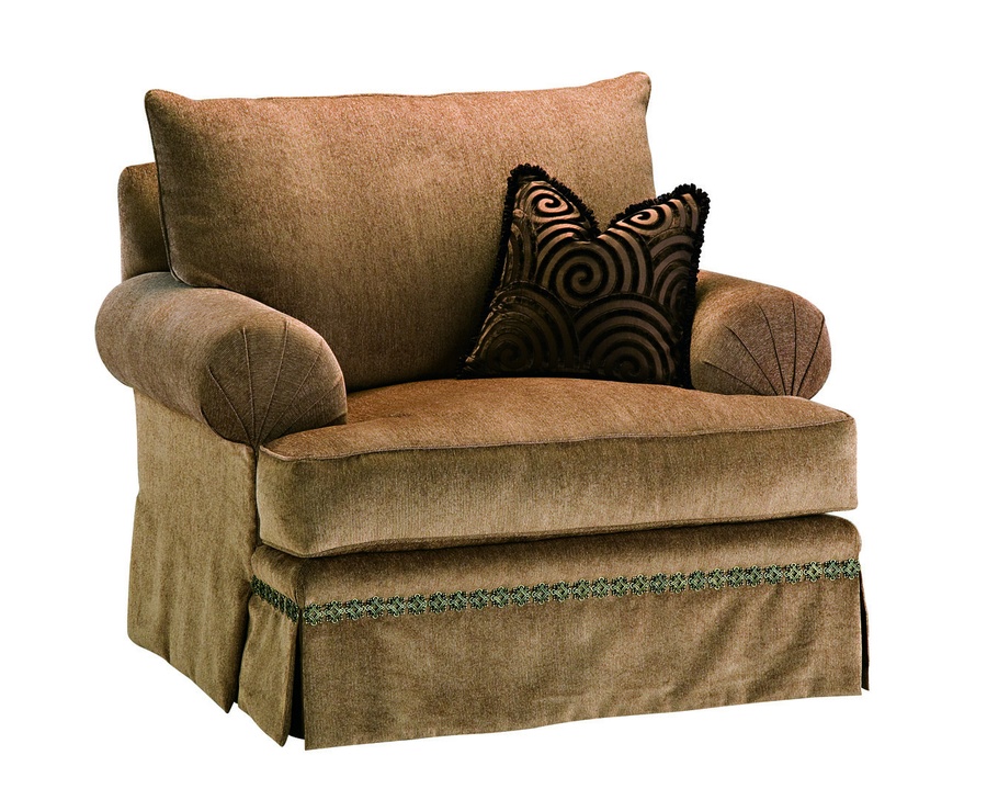 Santa Barbara Chair&nbsp;shown with:Knife Edge Back PillowBoxed T-Seat CushionTrack&nbsp;ArmTransitional&nbsp;legs&nbsp;in Sumatra finishSilver nailhead frame trim