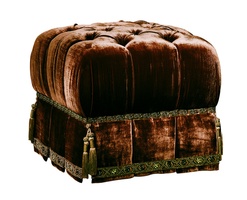 Tara Ottoman shown with:Button tufted seatDeep box pleated skirtDecorative tape band at bottom of skirtLaced Link&nbsp;nailhead frame trimAccessory tassel ties