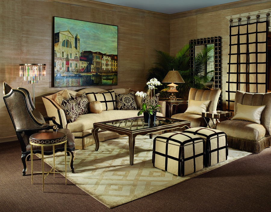 Avery Sofa shown with:Boxed bench seatDeep skirt with built-in sides and backContrast 2&frac12;&rdquo; band at bottom of skirtHavana finishAntique Brass nailhead frame trim
