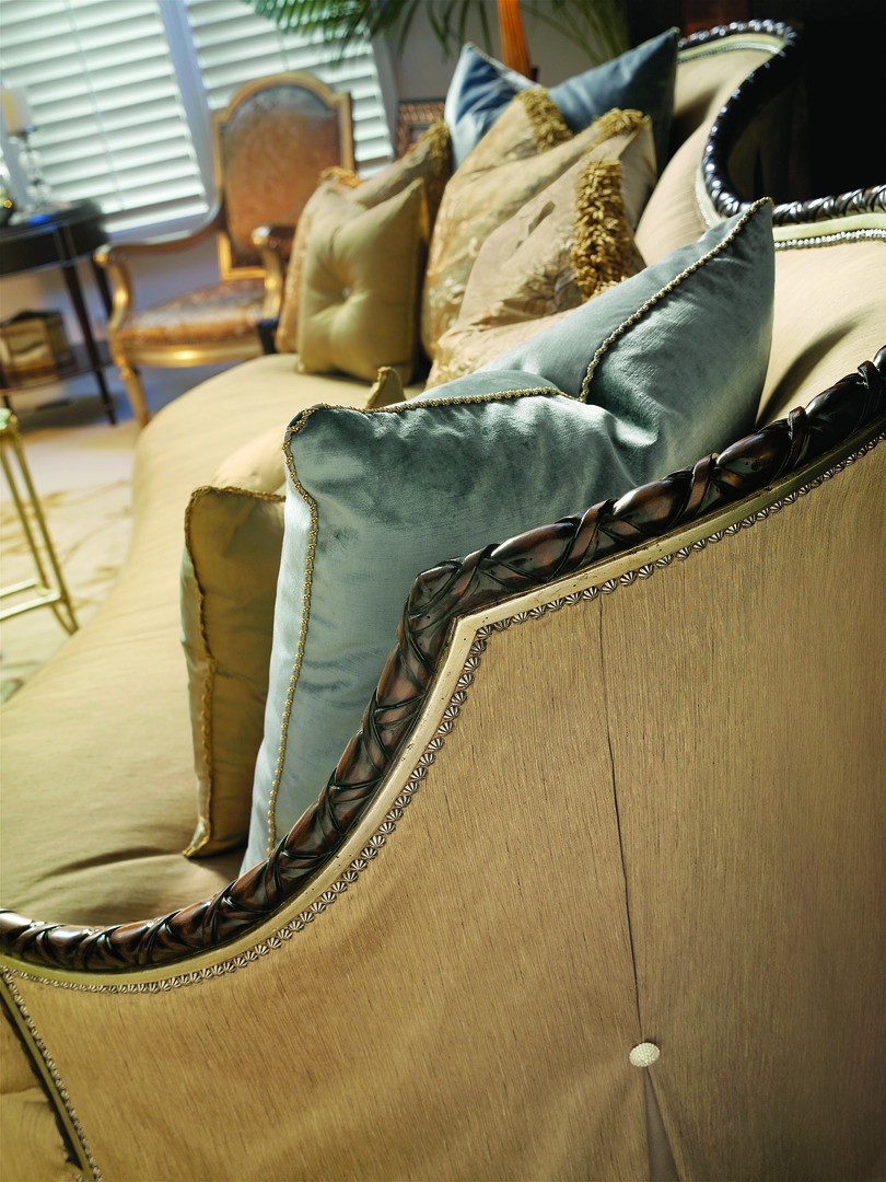 Camila&nbsp;Sofa shown with: Boxed bench seatWaterfall&nbsp;skirt with box pleated front, built-in sides and back with&nbsp;button detailKona finish with Specialty&nbsp;Leaf trimSilver&nbsp;Star nailhead frame trim
Available in a selection of finishes and finish trims