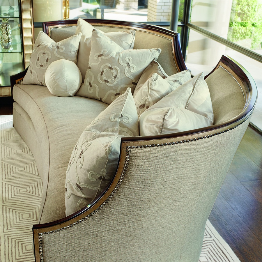 Luna Sofa shown with: Boxed bench seat Deep skirt with built-in back Contemporary Havana finishBurnished Silver finish trim Silver nailhead frame trim