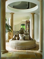 Oasis Round&nbsp;Sofa shown with:Tight seatButton tufted backBullionSilver Cloud&nbsp;finishMarquis&nbsp;nailhead frame trim