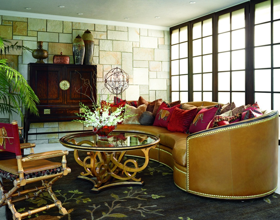 Odessa 2-Piece&nbsp;Sofa shown with: Boxed bench seatBuilt-to-the-floor base with box pleated deep front skirtHavana finishEbony Paint finish trim Silver Star nailhead frame trim