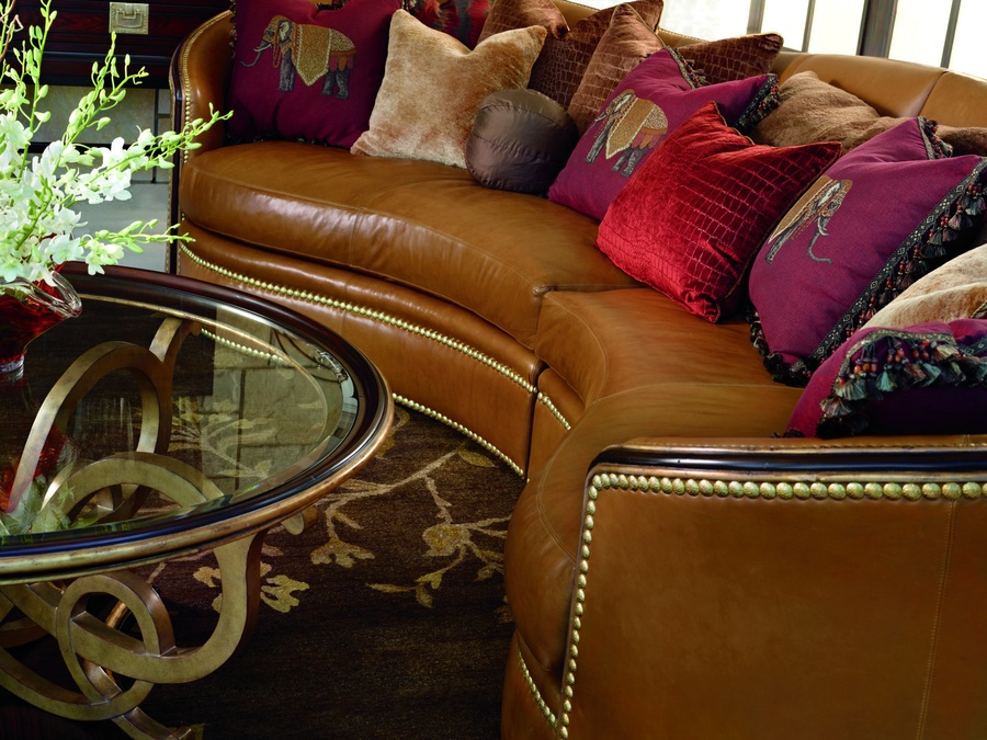 Odessa 2-Piece&nbsp;Sofa shown with: Boxed bench seatBuilt-to-the-floor base with box pleated deep front skirtHavana finishEbony Paint finish trim Silver Star nailhead frame trim
