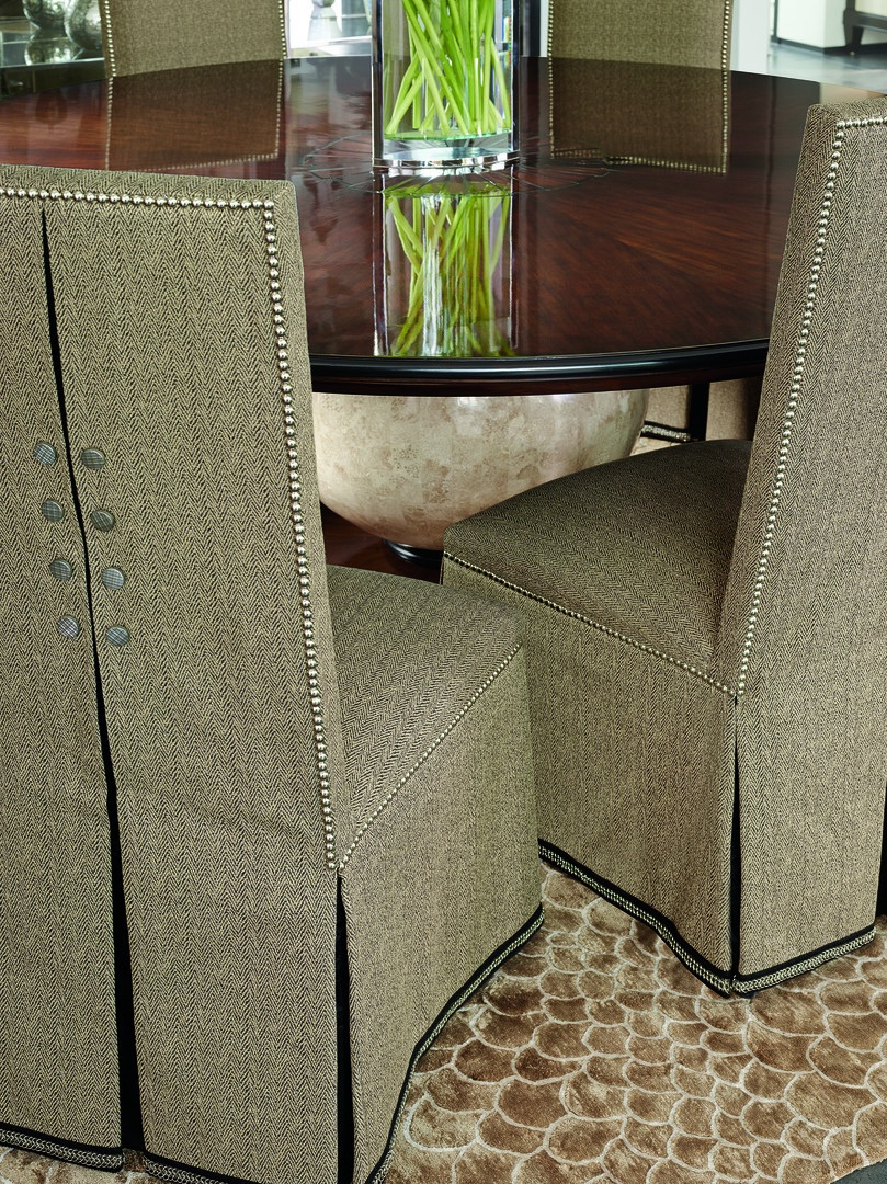 Sinatra&nbsp;Side Chair&nbsp;shown with:Tight seat and backDeep skirt with split back and button detailDecorative tape along bottom of skirtSilver&nbsp;nailhead frame trim
