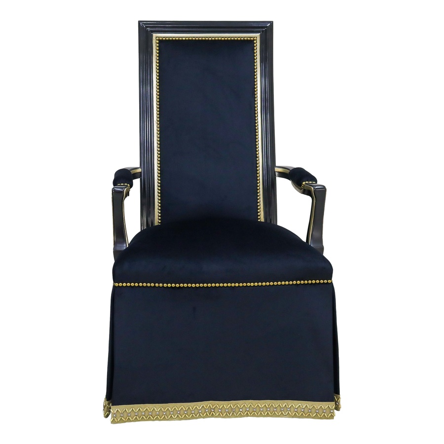 Caldwell Arm&nbsp;Chair&nbsp;shown with:Tight seat and backDeep skirt with split back and button detailSignature&nbsp;finish with Aged Silver leaf finish trimMottled&nbsp;nailhead frame trim