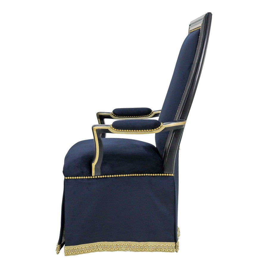 Caldwell Arm&nbsp;Chair&nbsp;shown with:Tight seat and backDeep skirt with split back and button detailSignature&nbsp;finish with Aged Silver leaf finish trimMottled&nbsp;nailhead frame trim