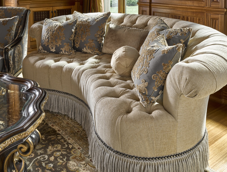 Amara Sofa shown with:Tufted&nbsp;seat with Silver Star buttonsBox pleated deep skirt with built-in sidesTassel ties