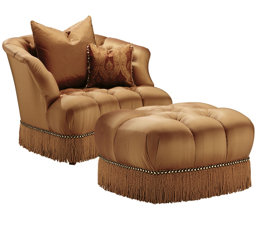 Alexander Ottoman shown with:Button tufted seatBullionFrench Natural&nbsp;nailhead frame trim