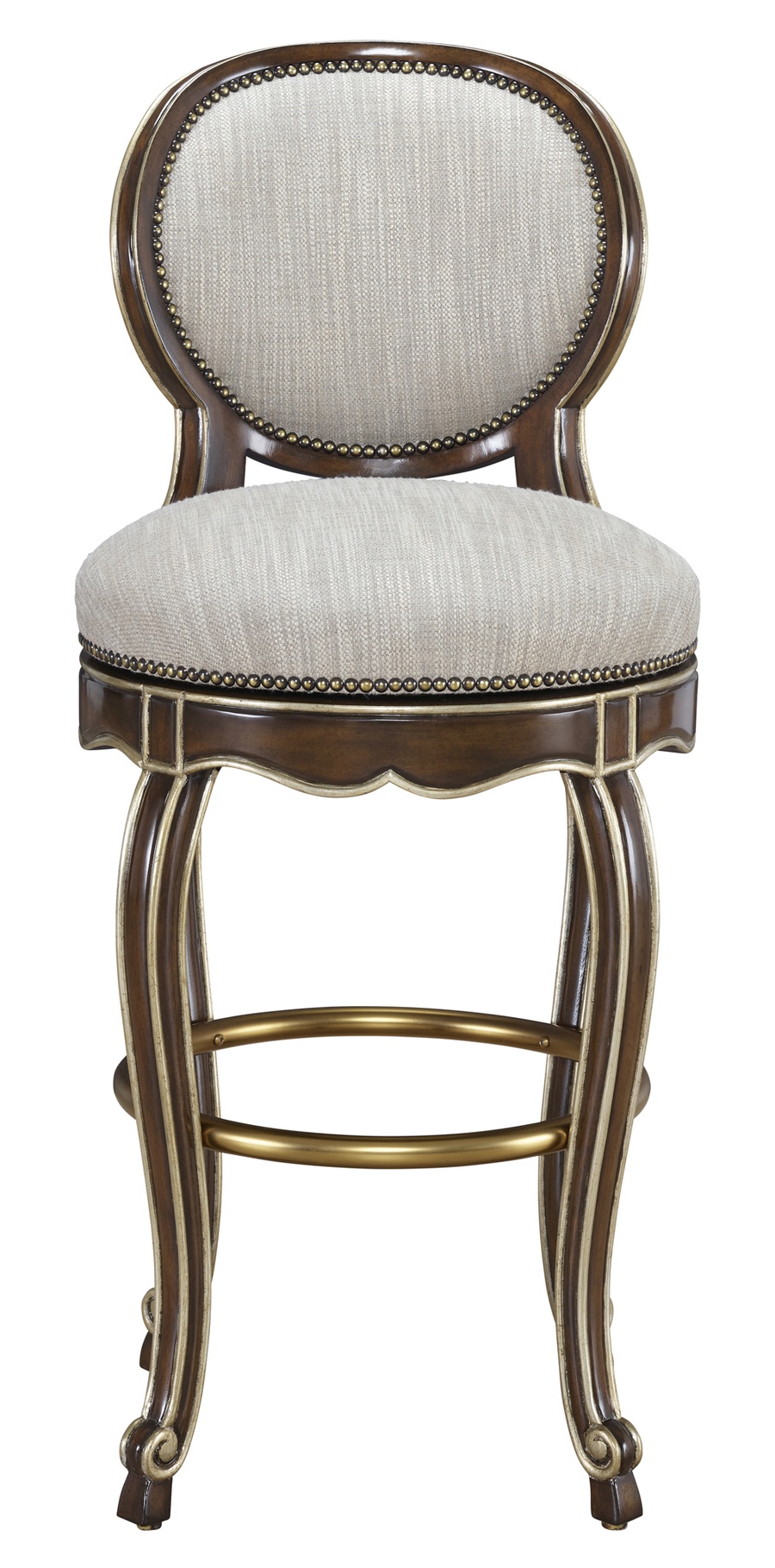 Aria Barstool shown with:Briar&nbsp;finishCashmere&nbsp;Gold&nbsp;finish trimAntique&nbsp;Brass&nbsp;footrestAntique&nbsp;Brass nailhead frame trim