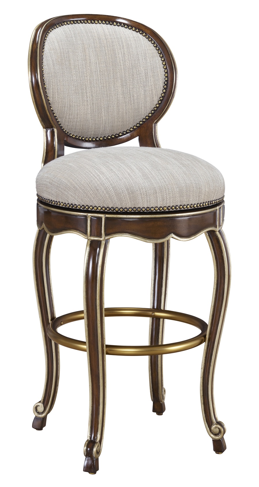 Aria Barstool shown with:Briar&nbsp;finishCashmere&nbsp;Gold&nbsp;finish trimAntique&nbsp;Brass&nbsp;footrestAntique&nbsp;Brass nailhead frame trim
