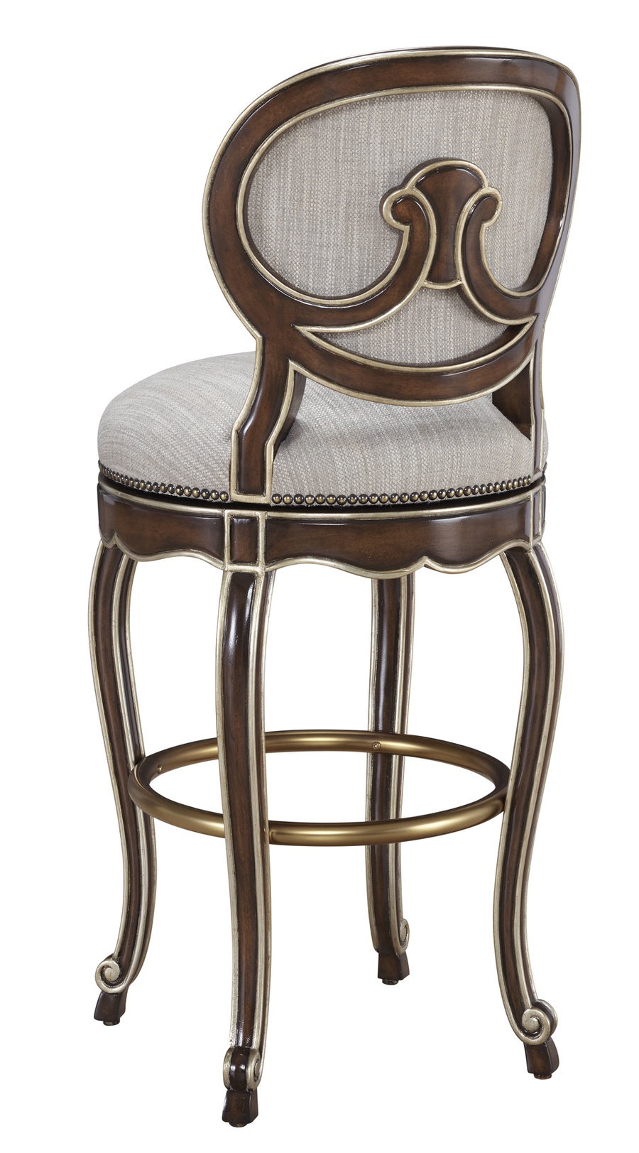 Aria Barstool shown with:Briar&nbsp;finishCashmere&nbsp;Gold&nbsp;finish trimAntique&nbsp;Brass&nbsp;footrestAntique&nbsp;Brass nailhead frame trim