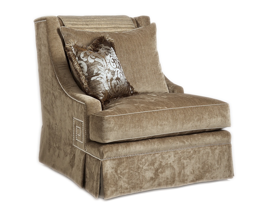 Ashton Chair shown with: Boxed seat cushionDeep skirt Silver nailhead frame trim withGreek Key detail on sides