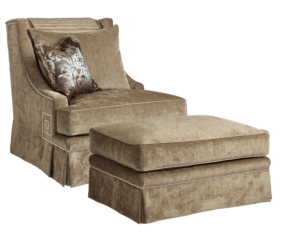 Ashton Ottoman shown with:Semi-attached boxed seat cushionDeep skirtSilver nailhead frame trim