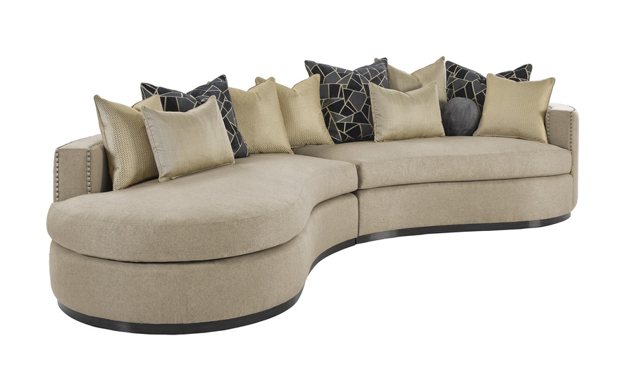 Aurora&nbsp;2-Piece Sofa shown with:Boxed bench seatBuilt-to-the-floor with wood plinth in Bombay finishSmall gunmetal nailhead trim spaced over fabric tape