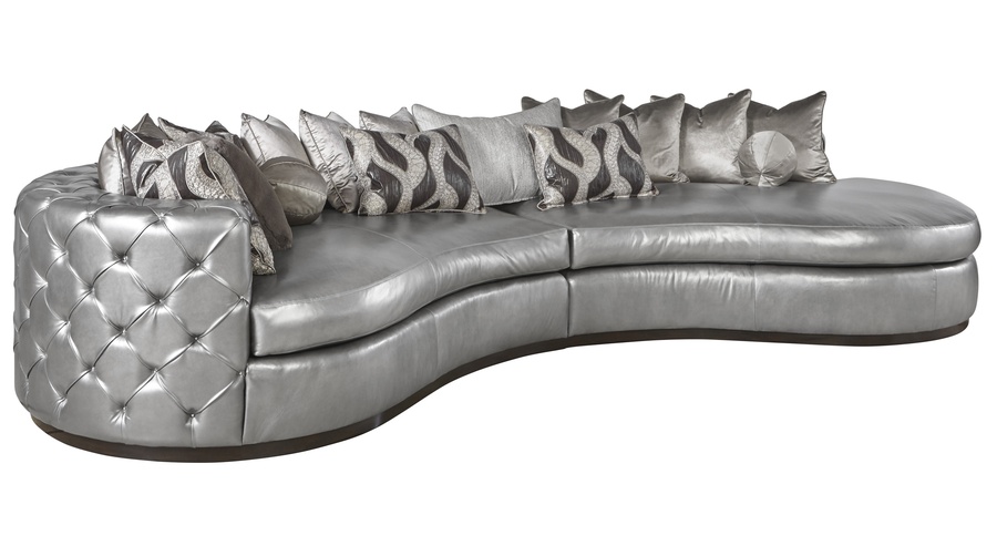 Aurora&nbsp;2-Piece Sofa shown with:Boxed bench seatSilver button tufted inside and outside backBuilt-to-the-floor with wood plinth in Bombay finish