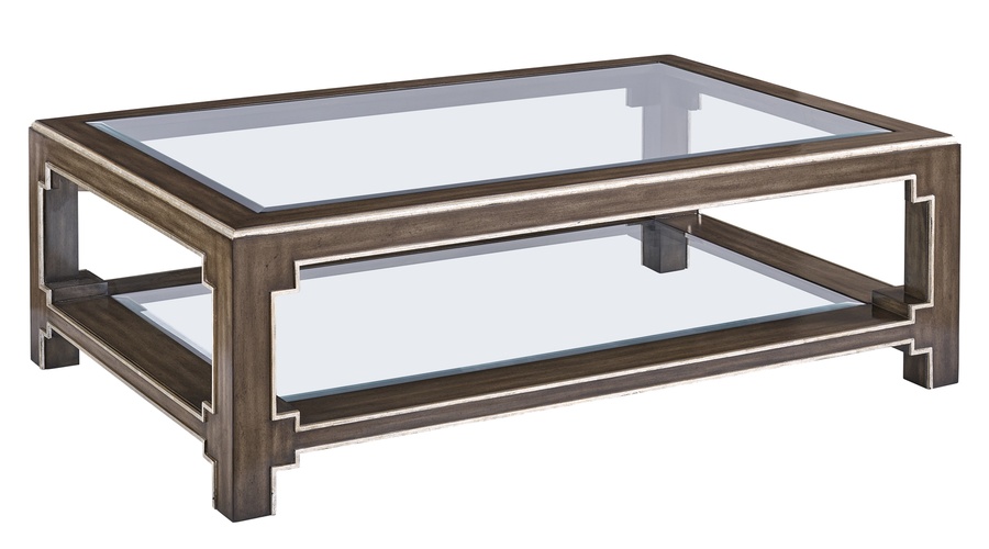 Bali&nbsp;Cocktail Table shown with:Latte&nbsp;finishBurnished Silver&nbsp;finish trimTop and shelf with inset clear beveled glass