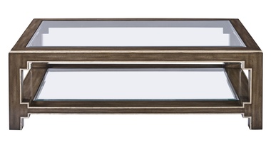 Bali&nbsp;Cocktail Table shown with:Latte&nbsp;finishBurnished Silver&nbsp;finish trimTop and shelf with inset clear beveled glass