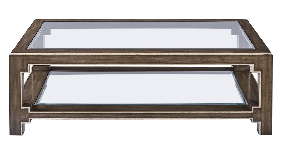 Bali&nbsp;Cocktail Table shown with:Latte&nbsp;finishBurnished Silver&nbsp;finish trimTop and shelf with inset clear beveled glass