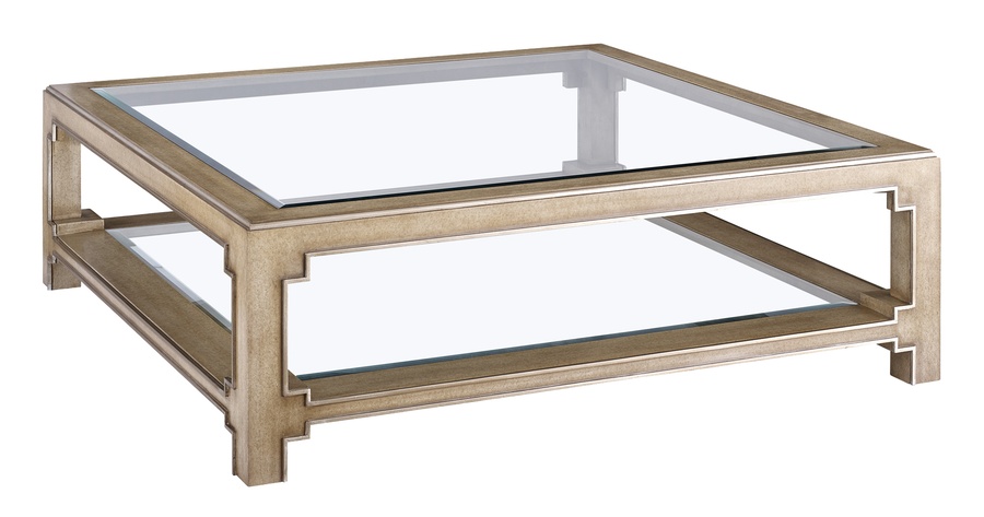 Bali&nbsp;Cocktail Table shown with:Oatmeal&nbsp;finishCashmere&nbsp;Silver&nbsp;finish trimTop and shelf with inset clear beveled glass