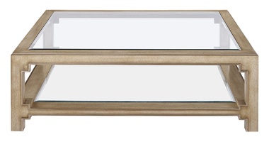 Bali&nbsp;Cocktail Table shown with:Oatmeal&nbsp;finishCashmere&nbsp;Silver&nbsp;finish trimTop and shelf with inset clear beveled glass