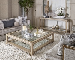 Bali&nbsp;Console shown with:Oatmeal finishCashmere&nbsp;Silver&nbsp;finish trimTop and shelf with inset clear beveled glass