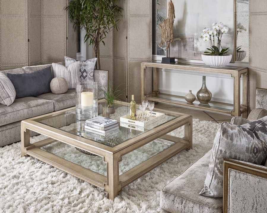 Bali&nbsp;Console shown with:Oatmeal finishCashmere&nbsp;Silver&nbsp;finish trimTop and shelf with inset clear beveled glass